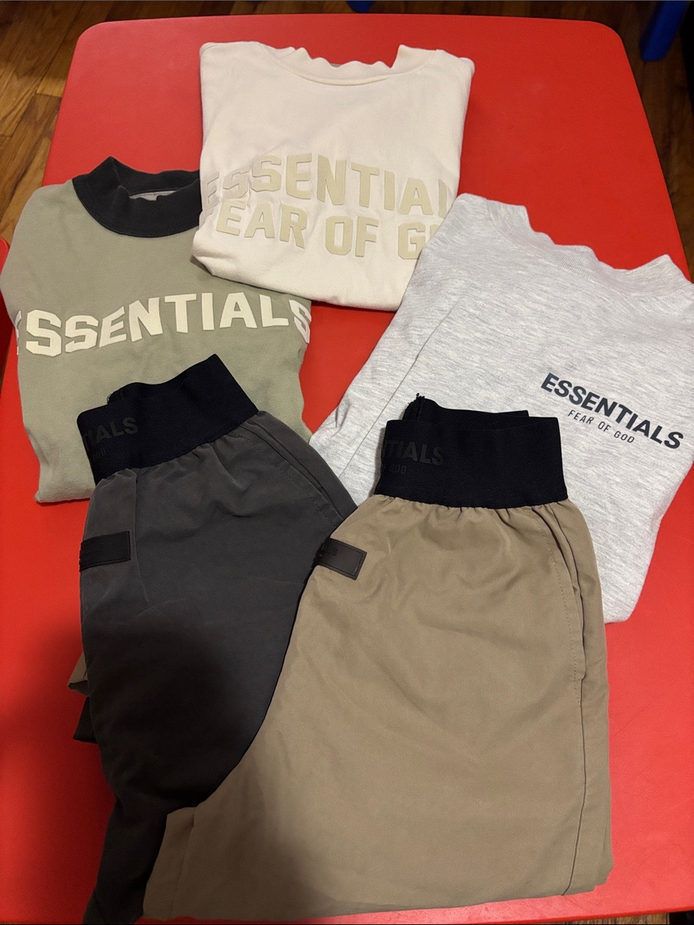 Fear of God Essentials Sweatshirt & Jogger Set in Olive, Cream, Gray & Khaki
